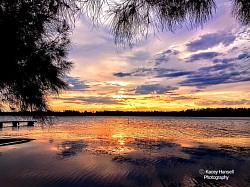 As the sun sets, it's reflecting off the water