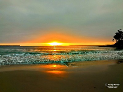 Sunny reflection off the wet sand as a wave gently rolls in