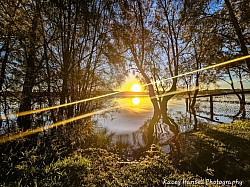 Sunset sending out sunflares that reflect off the water
